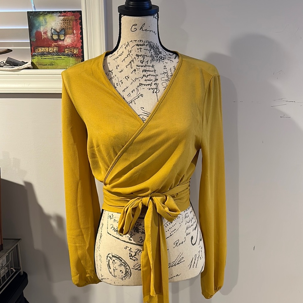 Fashion Nova Gold Wrap Tie Front Blouse